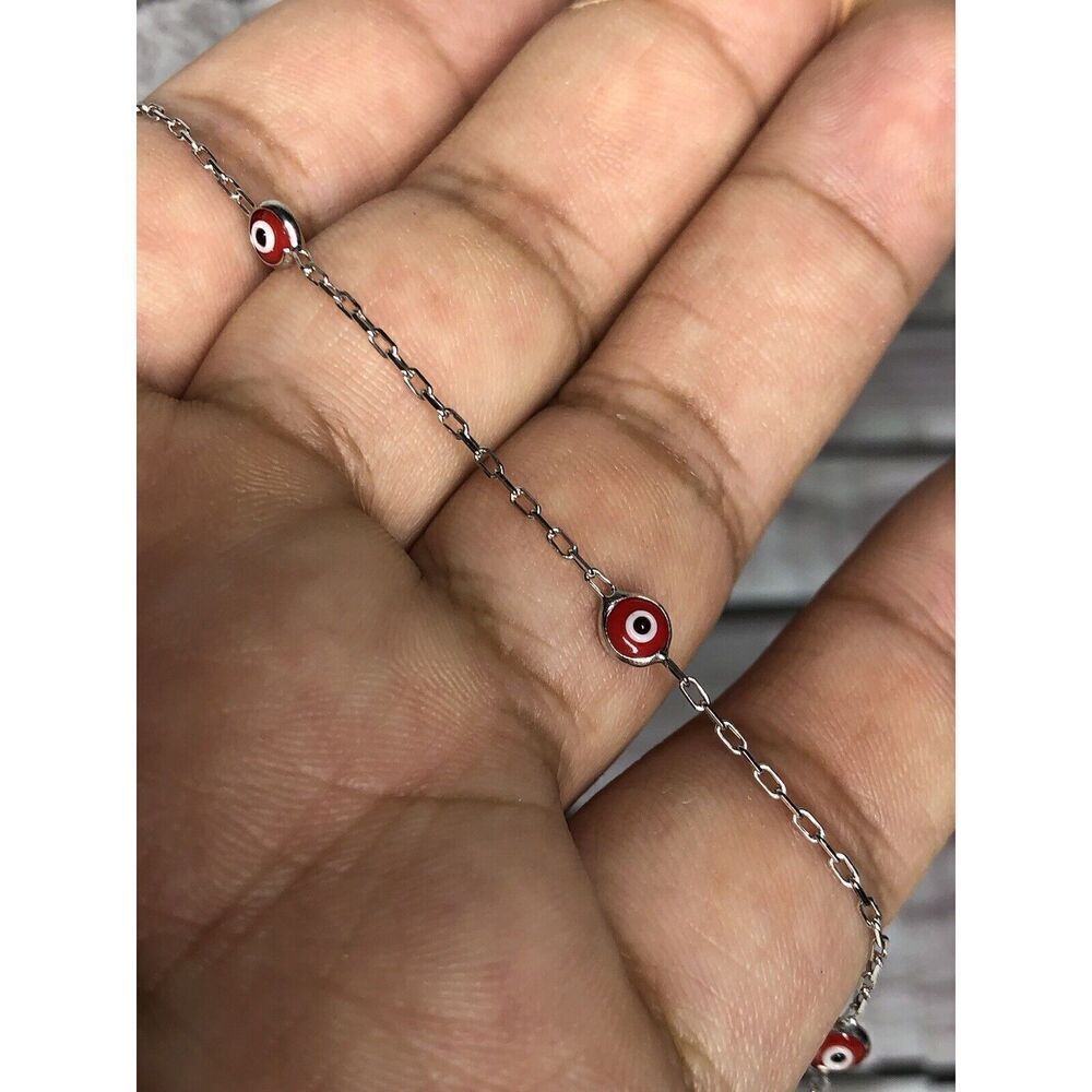 New! 925 Sterling Silver Tennis Bracelet Evil Eye Red Beads 7.5in. Lobster Clasp